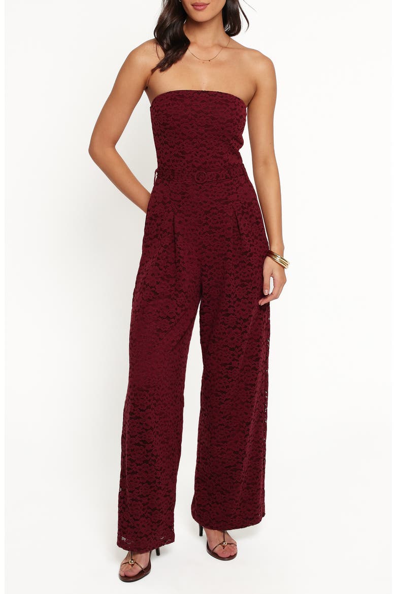 Harlie Strapless Lace Jumpsuit, Main, color, BURGUNDY