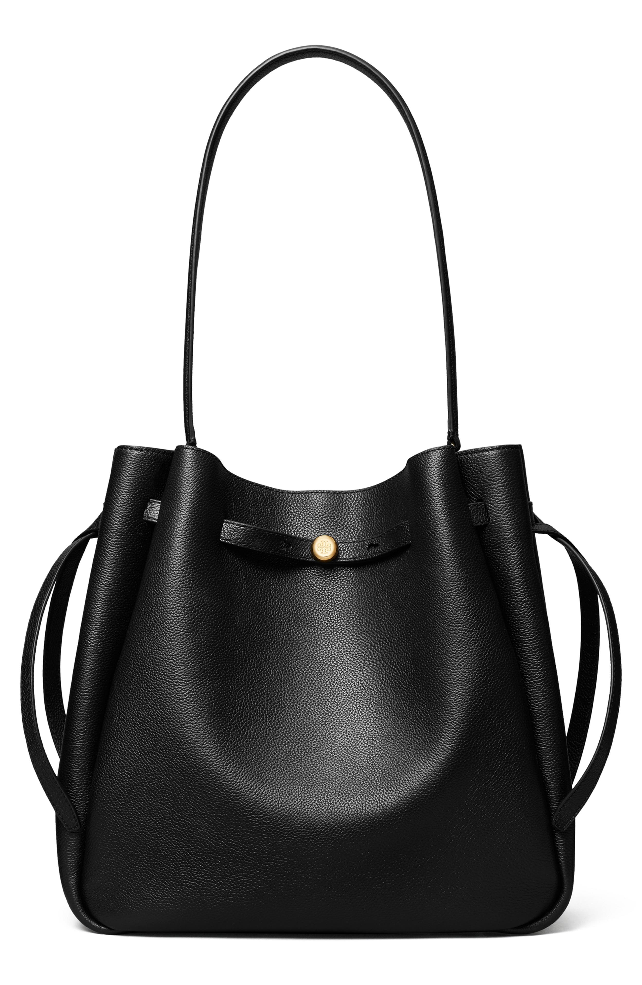 Tory Burch Large Romy Pebble Leather Bucket Bag, Main, color, Black