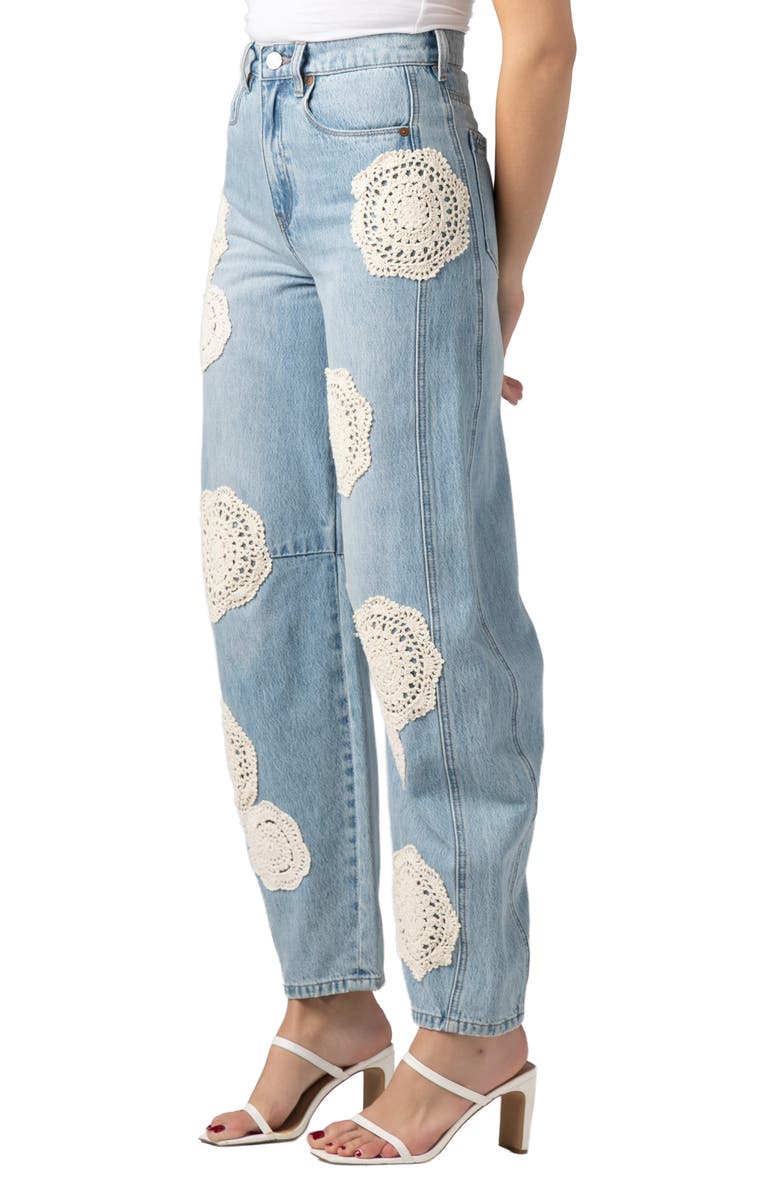BLANKNYC The Long Crochet Patch Barrel Leg Jeans, Alternate, color, Surf Camp