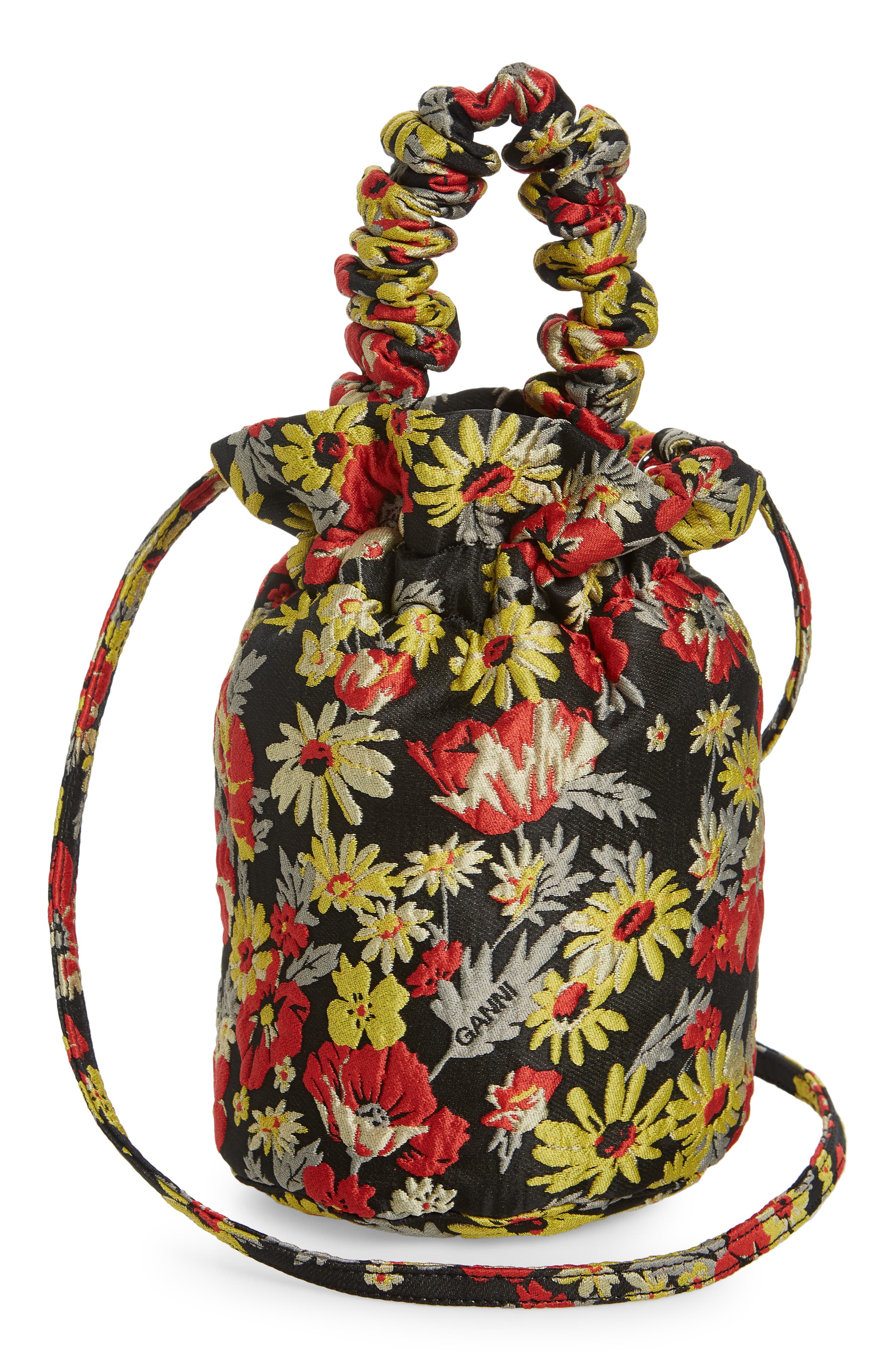 Ganni Floral Ruched Top Handle Bag, Alternate, color, 