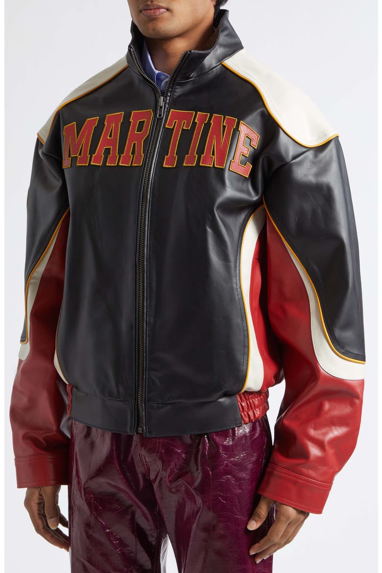 Bowl Game Oversize Colorblock Leather Jacket, Alternate, color, BLACK RED