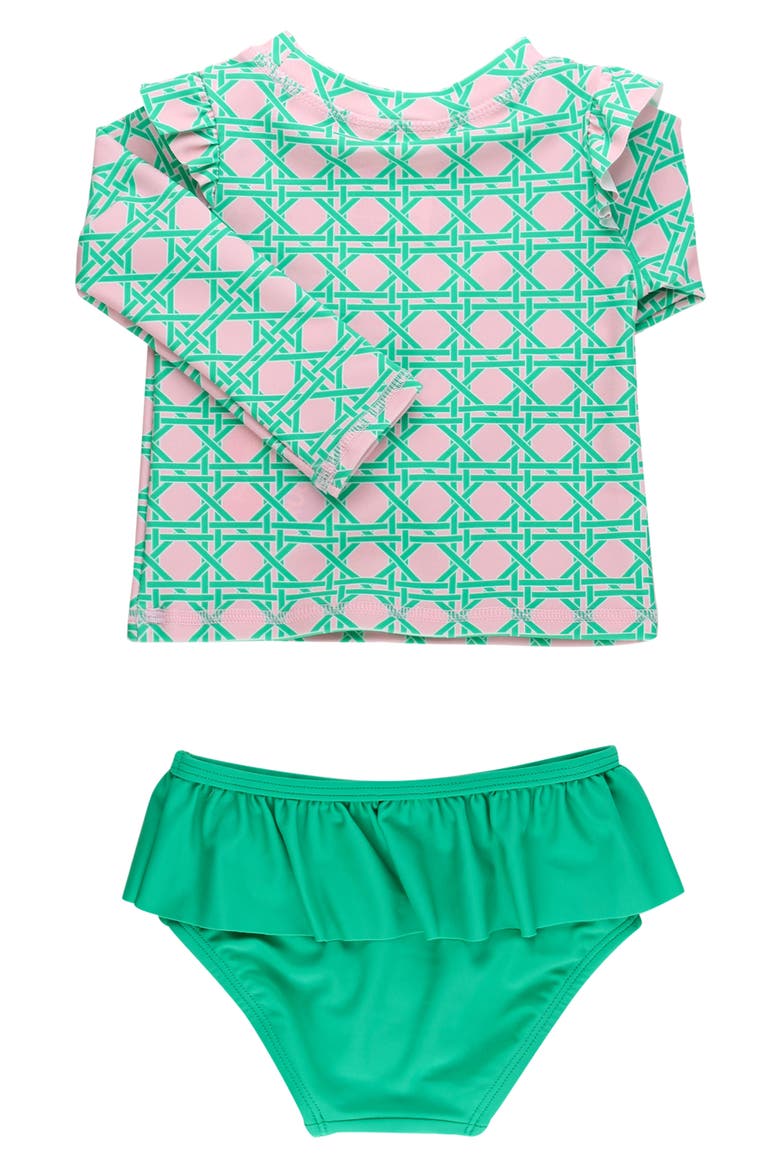 Kids' Coastal Cane Ruffle Long Sleeve Two-Piece Rashguard Swimsuit, Alternate, color, GREEN