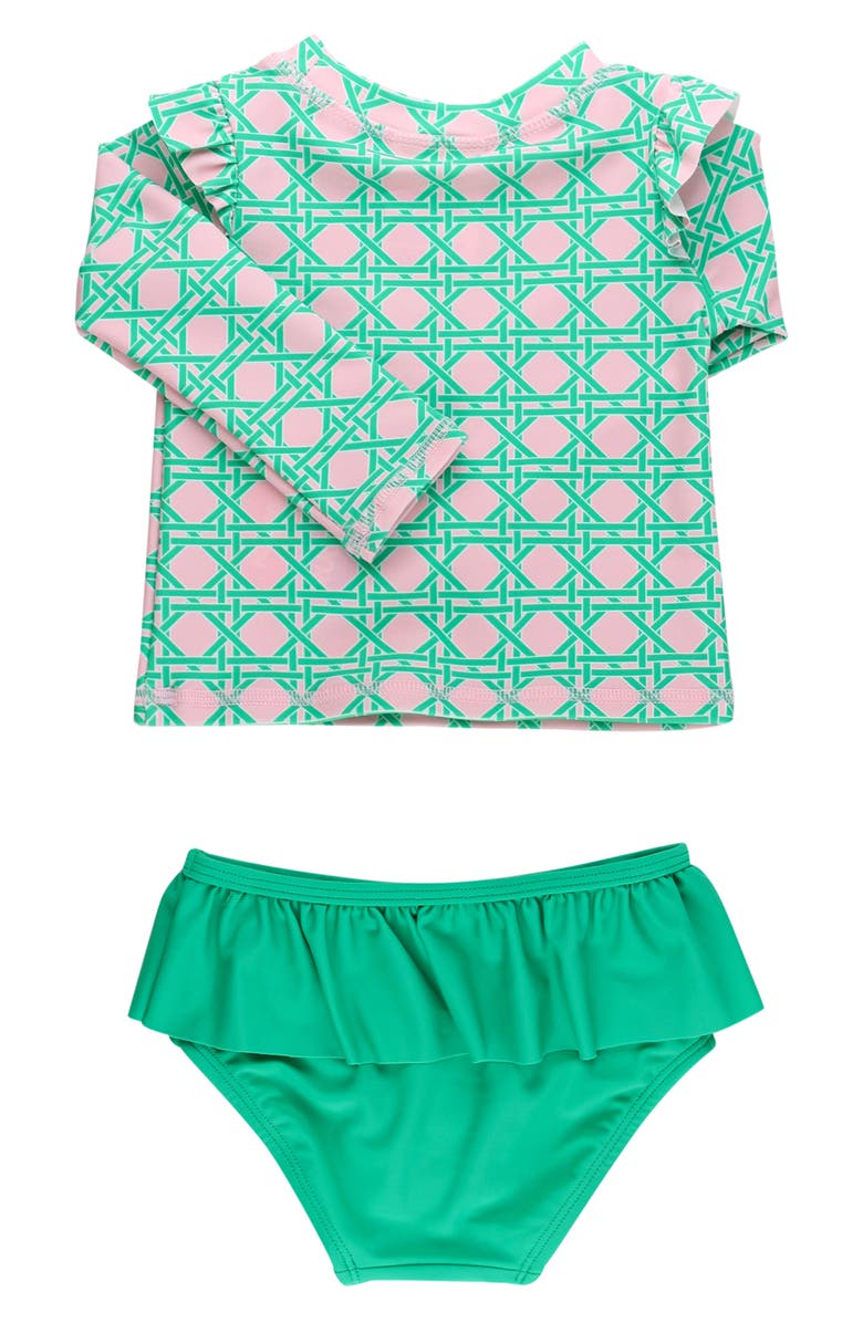 RuffleButts Kids' Coastal Cane Ruffle Long Sleeve Two-Piece Rashguard Swimsuit, Alternate, color, Green