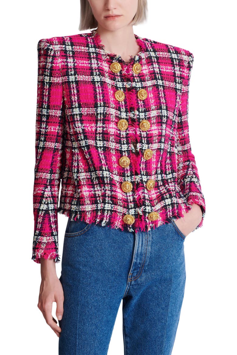 Cropped jacket in glitter plaid tweed, Alternate, color, pink