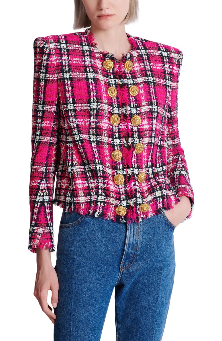 Balmain Cropped jacket in glitter plaid tweed, Alternate, color, Pink