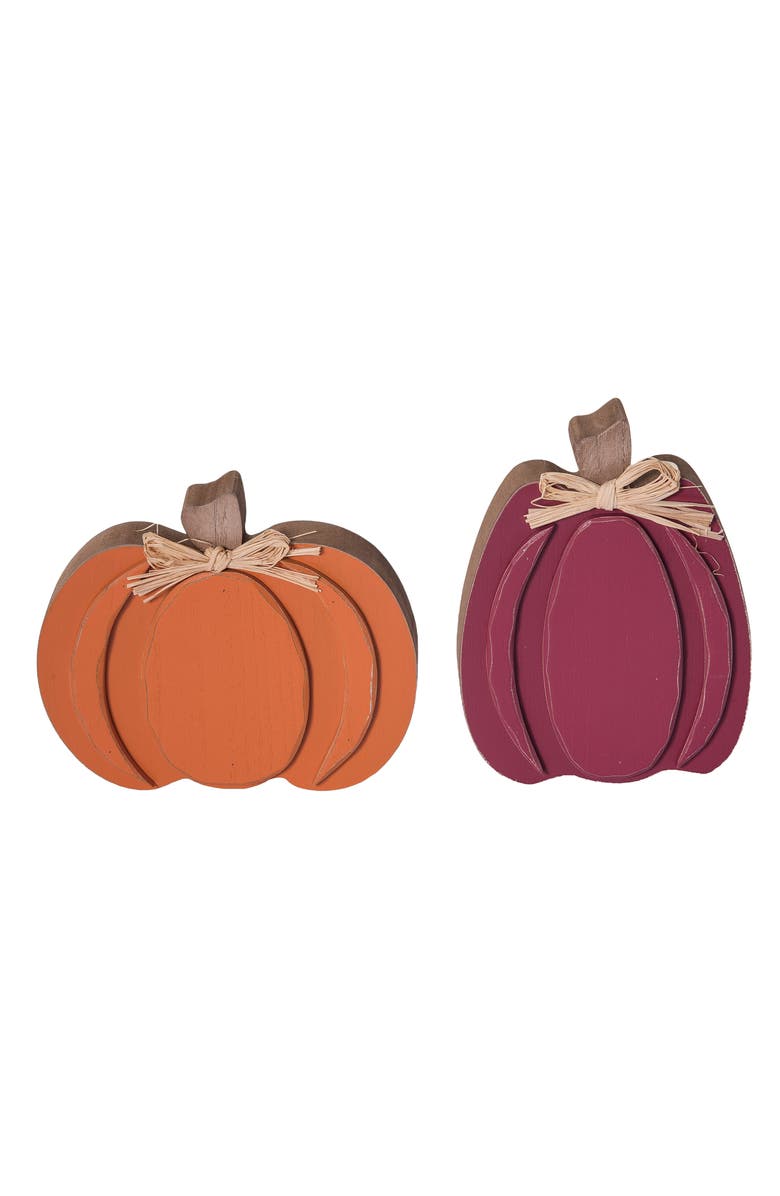 Transpac Pumpkin Decor Set of 2 Decorative Wood Sculptures for Fall, Main, color, Red
