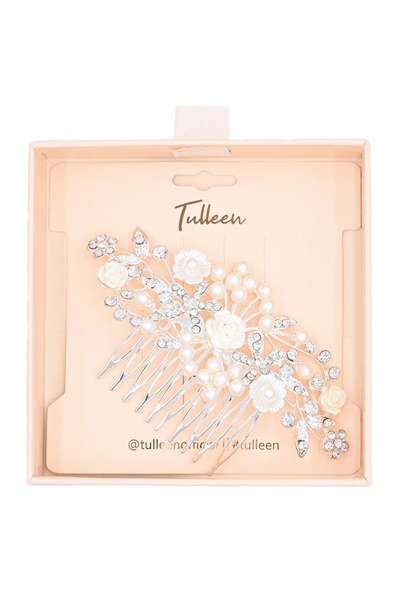 Rhinestone Pearl and Floral Hair Comb, Alternate, color, Silver