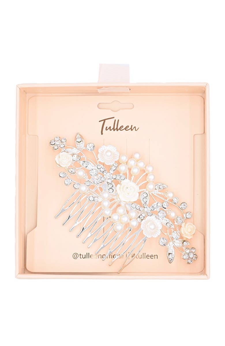 Tulleen Rhinestone Pearl and Floral Hair Comb, Alternate, color, Silver
