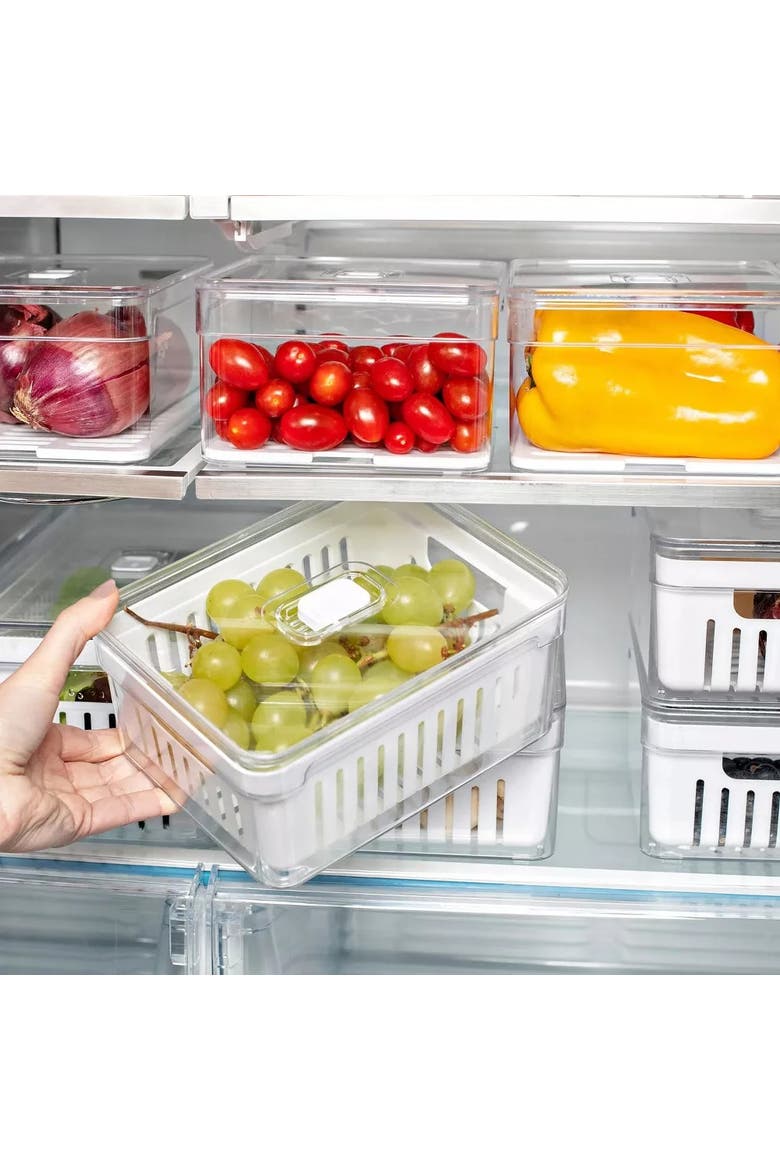 Clear Stackable Fridge Organizer Bin with Drain Basket and Vented Lid, 4 Pack, Alternate, color, Clear with White Drainer