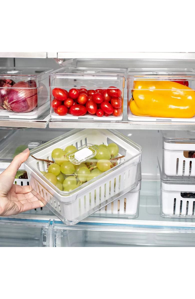 OU Clear Stackable Fridge Organizer Bin with Drain Basket and Vented Lid, 4 Pack, Alternate, color,