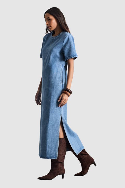 Denim Side Split Midi Dress