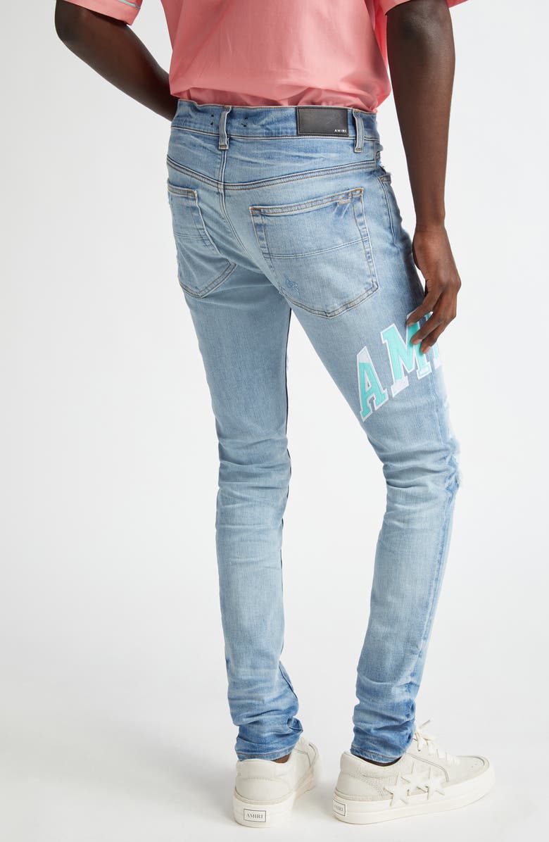 AMIRI Varsity Logo Rip & Repair Skinny Fit Jeans, Alternate, color, Perfect Indigo