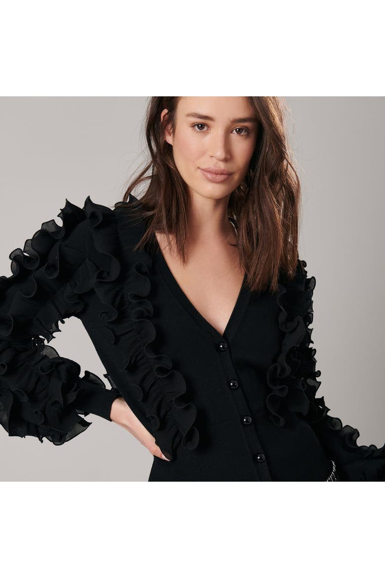 Women's  Ciline Black Long Sleeve Ruffle Cardigan, Alternate, color, Black