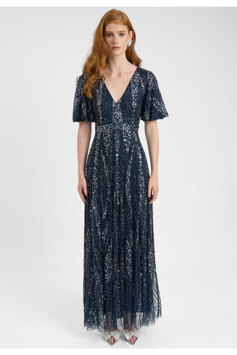 Embellished Sequin Beaded Maxi Dress With Flutter Sleeve, Main, color, NAVY