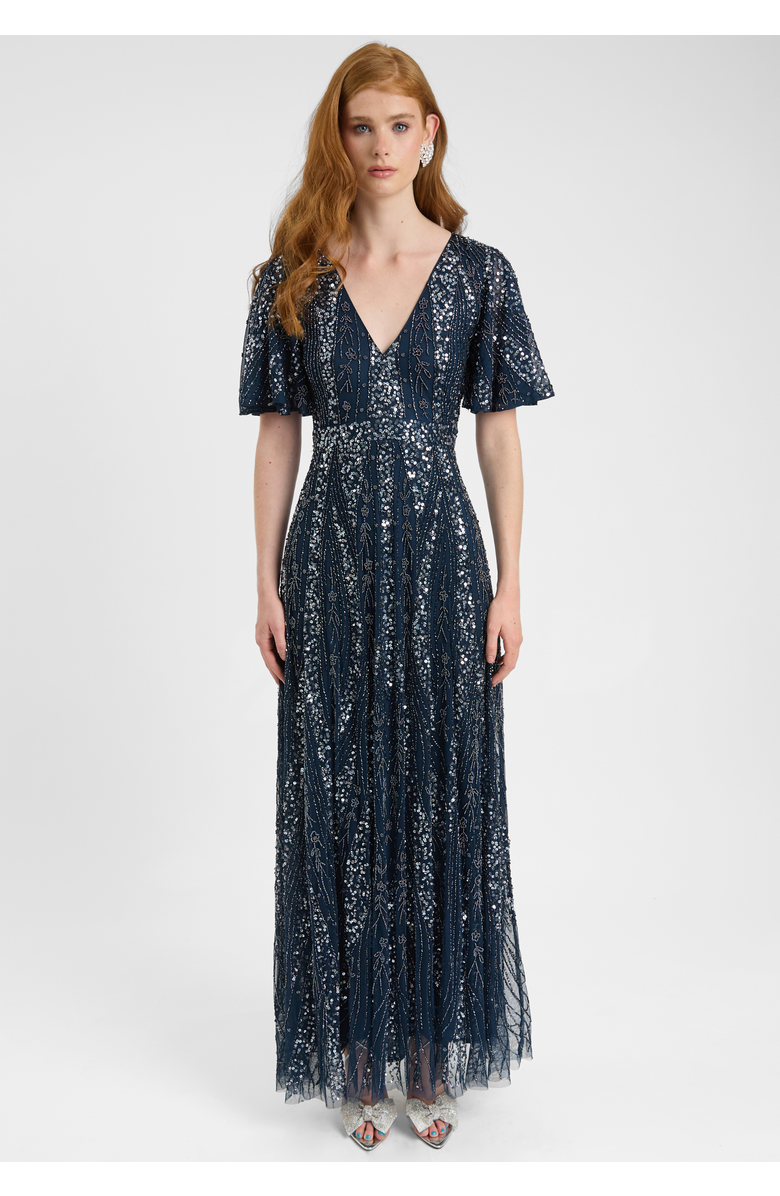 BEAUUT Embellished Sequin Beaded Maxi Dress With Flutter Sleeve, Main, color, Navy