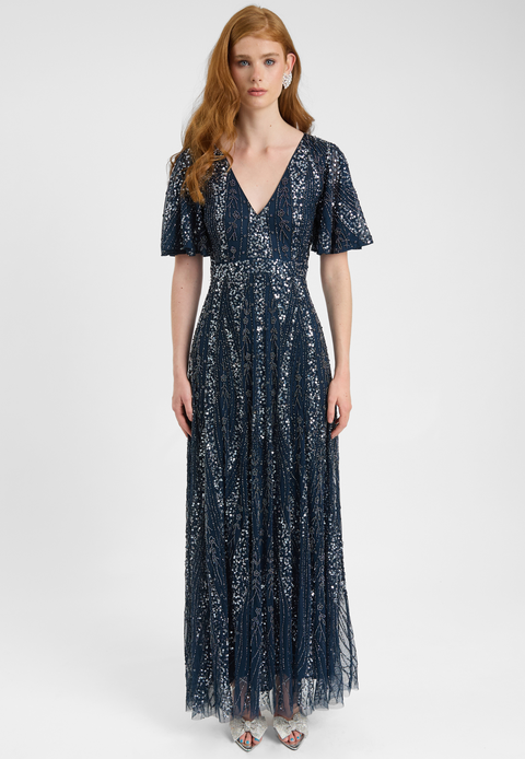 Embellished Sequin Beaded Maxi Dress With Flutter Sleeve