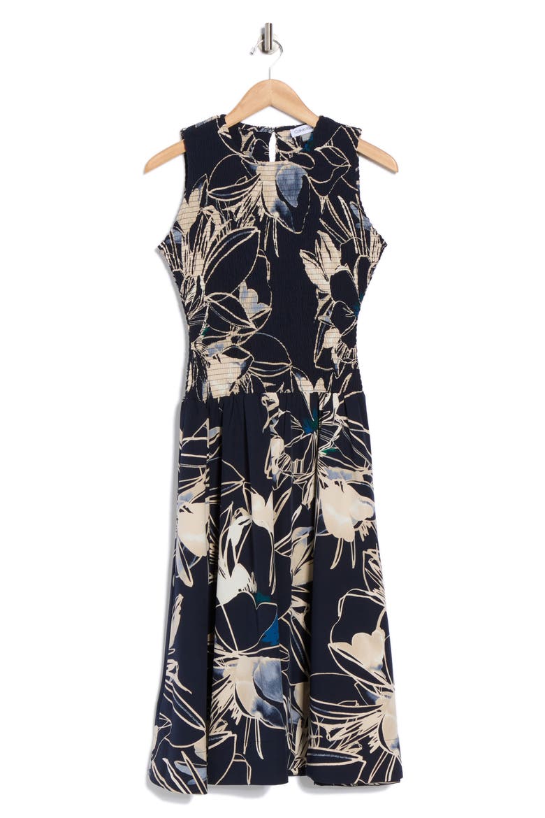 Floral Sleeveless Smocked Fit & Flare Midi Dress, Alternate, color, INDIGO MULTI