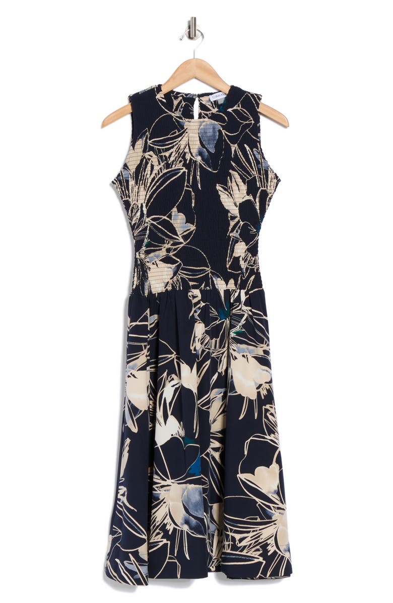 Calvin Klein Floral Sleeveless Smocked Fit & Flare Midi Dress, Alternate, color, Indigo Multi