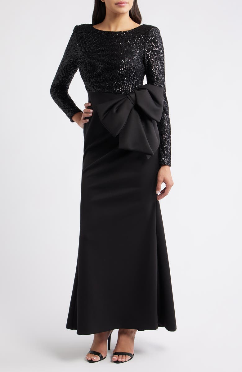 Eliza J Long Sleeve Sequin Mermaid Gown, Main, color, Black
