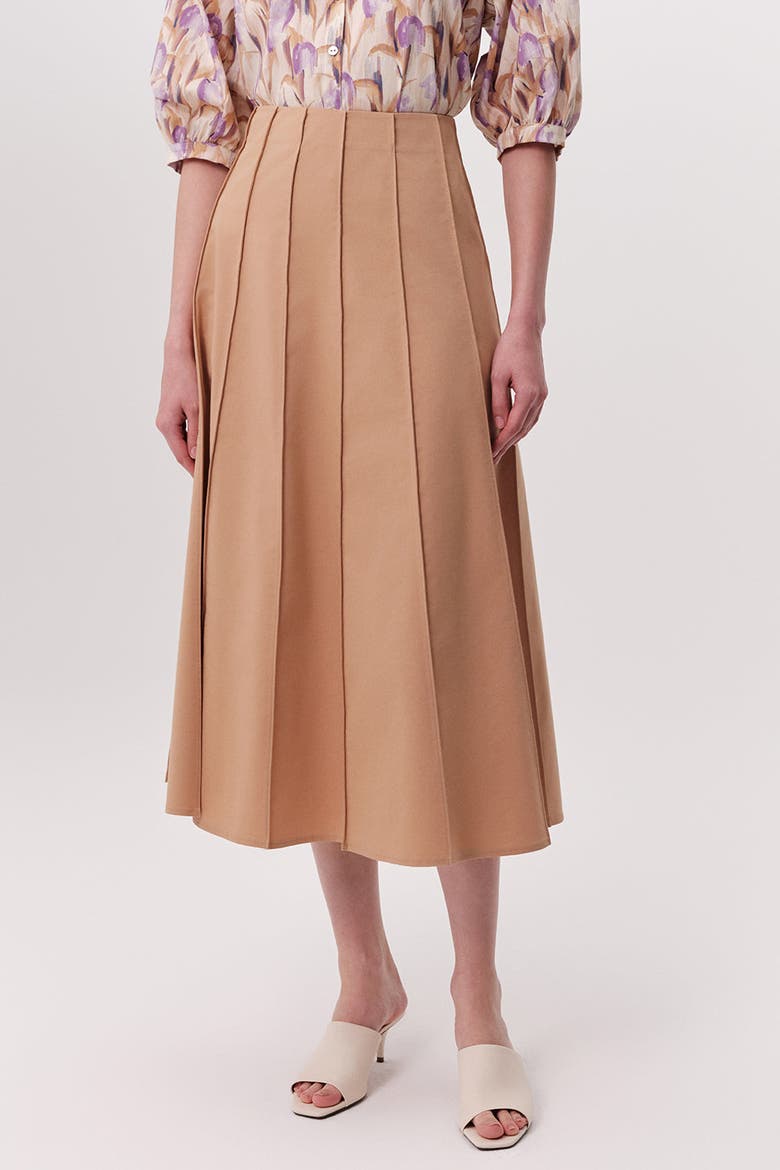 Karlie Fitted Multi Panel Flared Midi Skirtt, Alternate, color, Camel