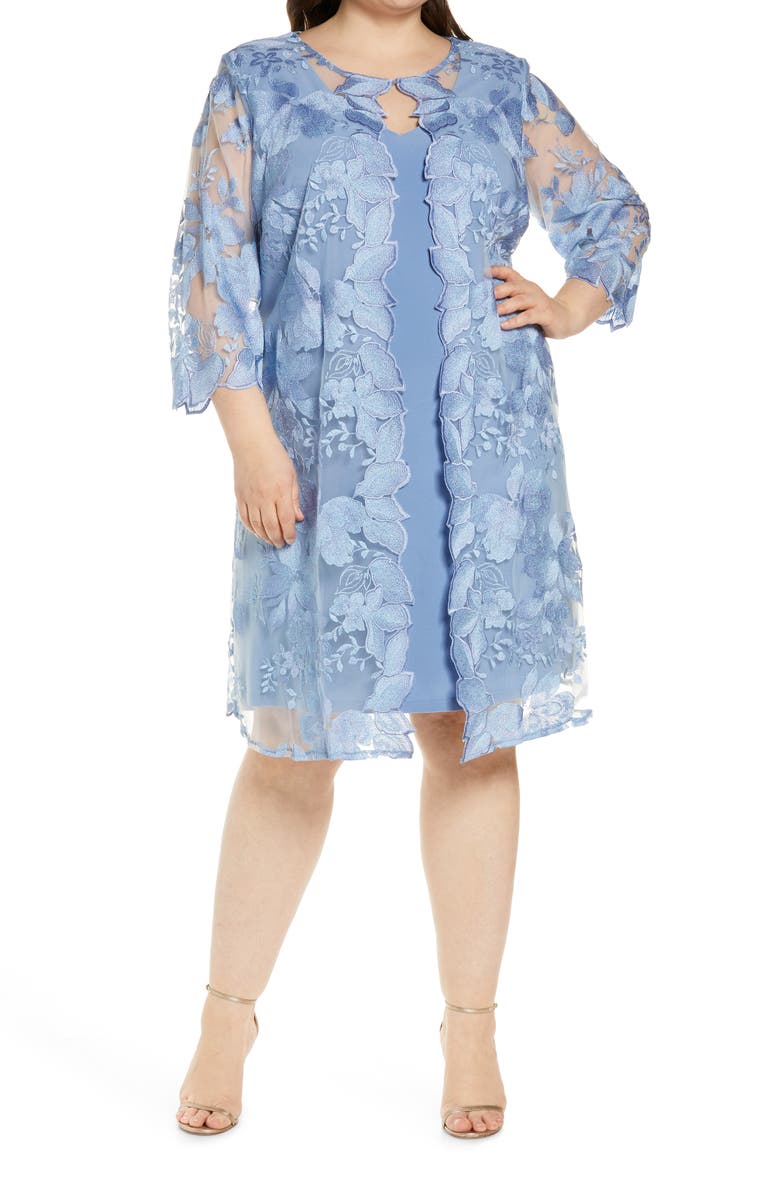 Alex Evenings Embroidered Lace Mock Jacket Cocktail Dress, Main, color, Hydrangea