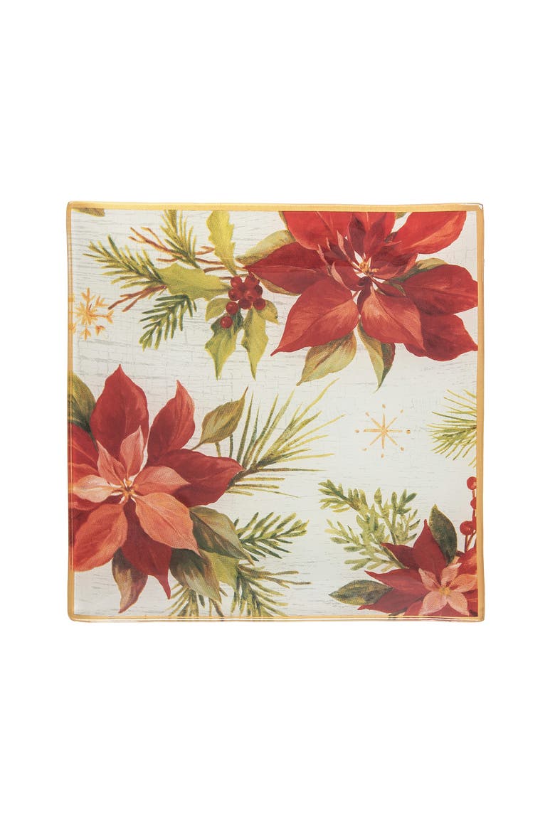 Poinsettia Christmas Slump Glass Decorative Platter, Main, color, Red