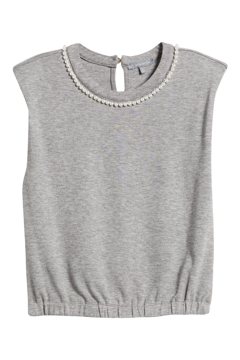 Faux Pearl Trim Extended Shoulder Top, Alternate, color, HEATHER GREY