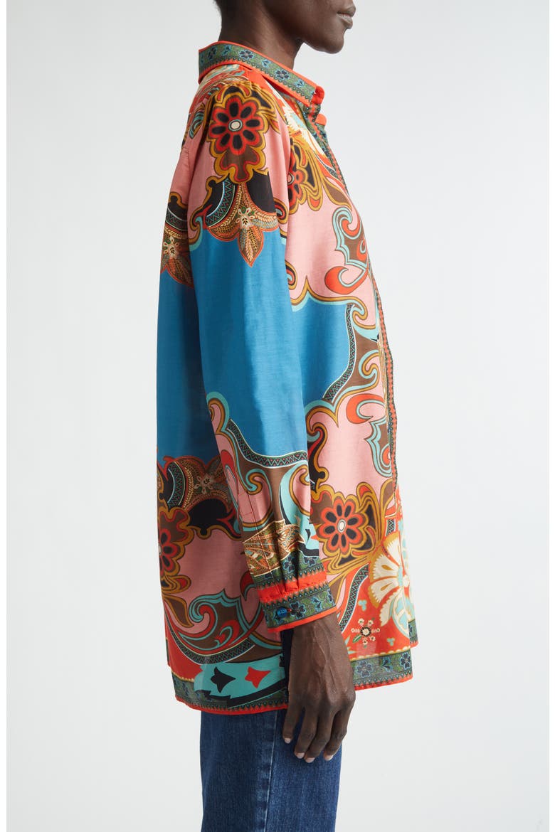Print Cotton & Silk Tunic Button-Up Shirt, Alternate, color, PRINT ON BLUE BASE