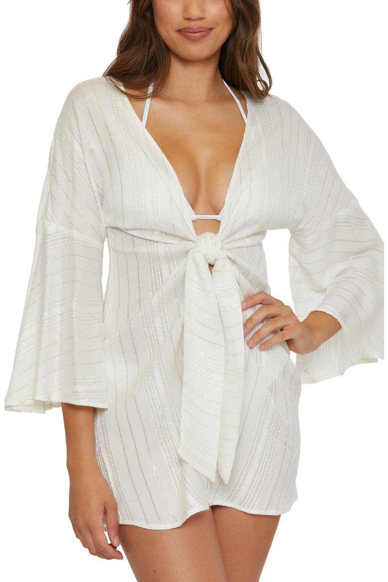 Radiance Metallic Stripe Long Sleeve Cover-Up Tunic, Main, color, WHITE