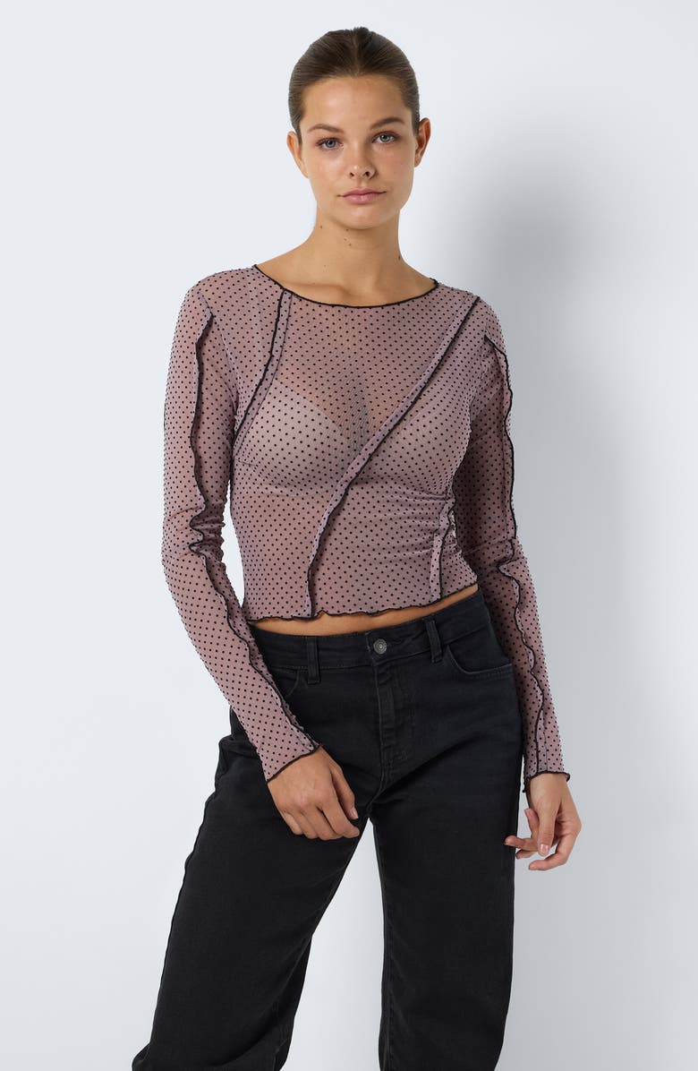 Noisy may Vikki Flocked Dot Long Sleeve Mesh Crop Top, Alternate, color,
