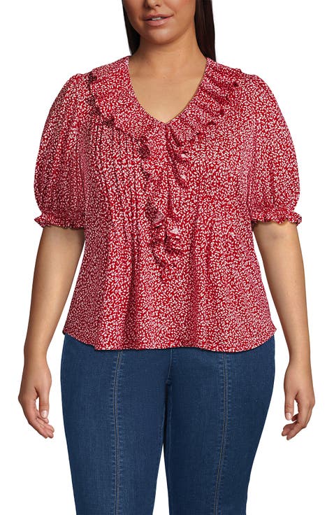Plus Size Puff Sleeve Slub Ruffle Pintuck Top