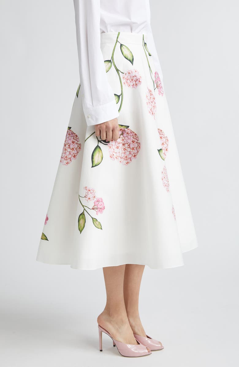 Oscar de la Renta Porcelain Flowers Stretch Cotton Poplin A-Line Midi Skirt, Alternate, color, Pink/ White
