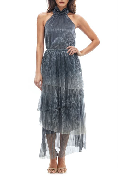 Socialite Metallic Tiered Crinkle Maxi Dress in Silver/Navy 