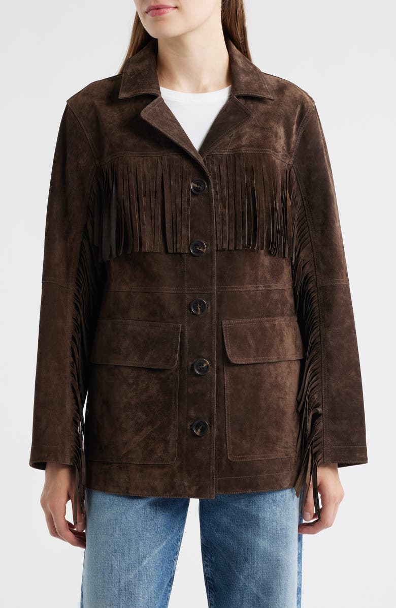 Sam Edelman Fringe Lambskin Suede Jacket, Main, color, Chocolate