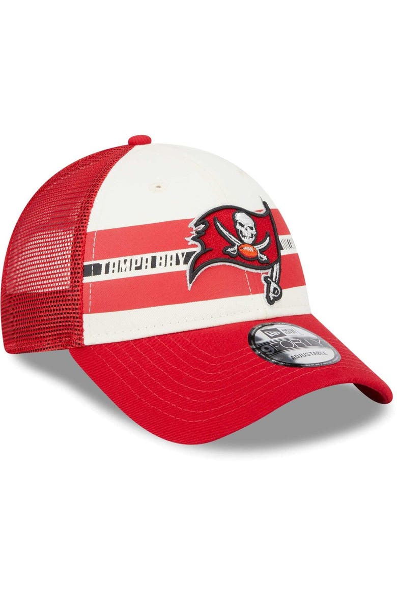 Men's New Era Cream/Red Tampa Bay Buccaneers Team Stripe Trucker 9FORTY Snapback Hat, Alternate, color, Cream