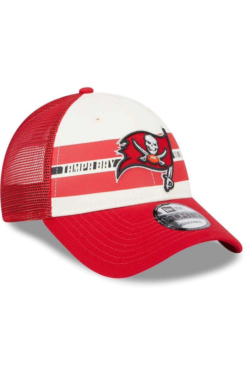 New Era Men's New Era Cream/Red Tampa Bay Buccaneers Team Stripe Trucker 9FORTY Snapback Hat, Alternate, color, Cream