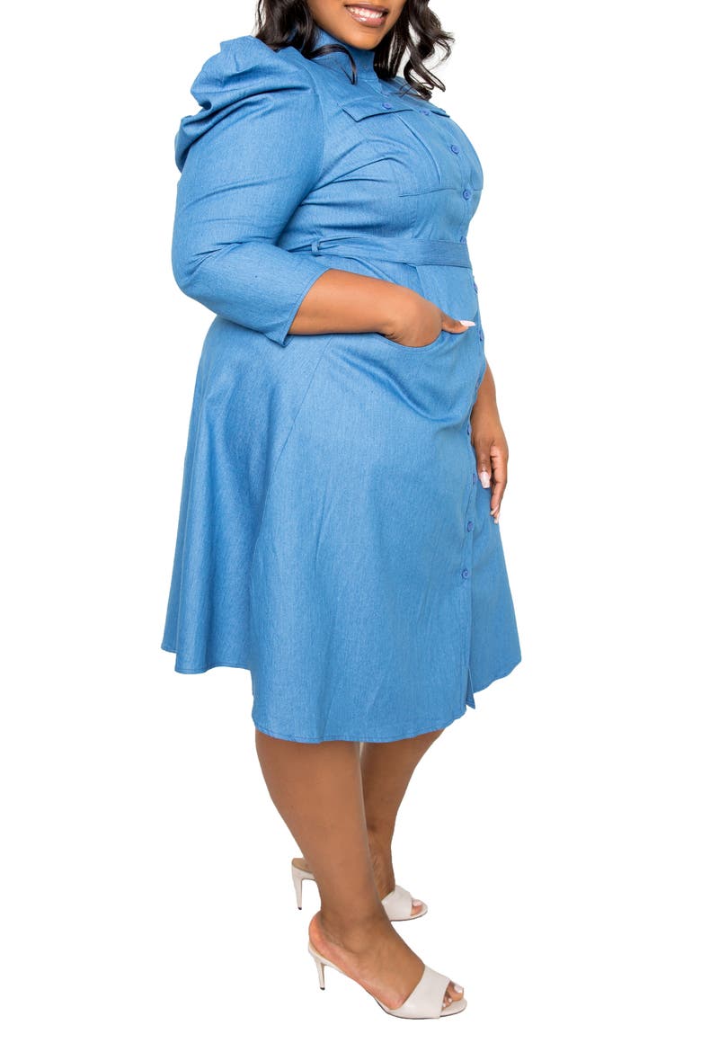 Puff Sleeve Denim Shirtdress, Alternate, color, BLUE