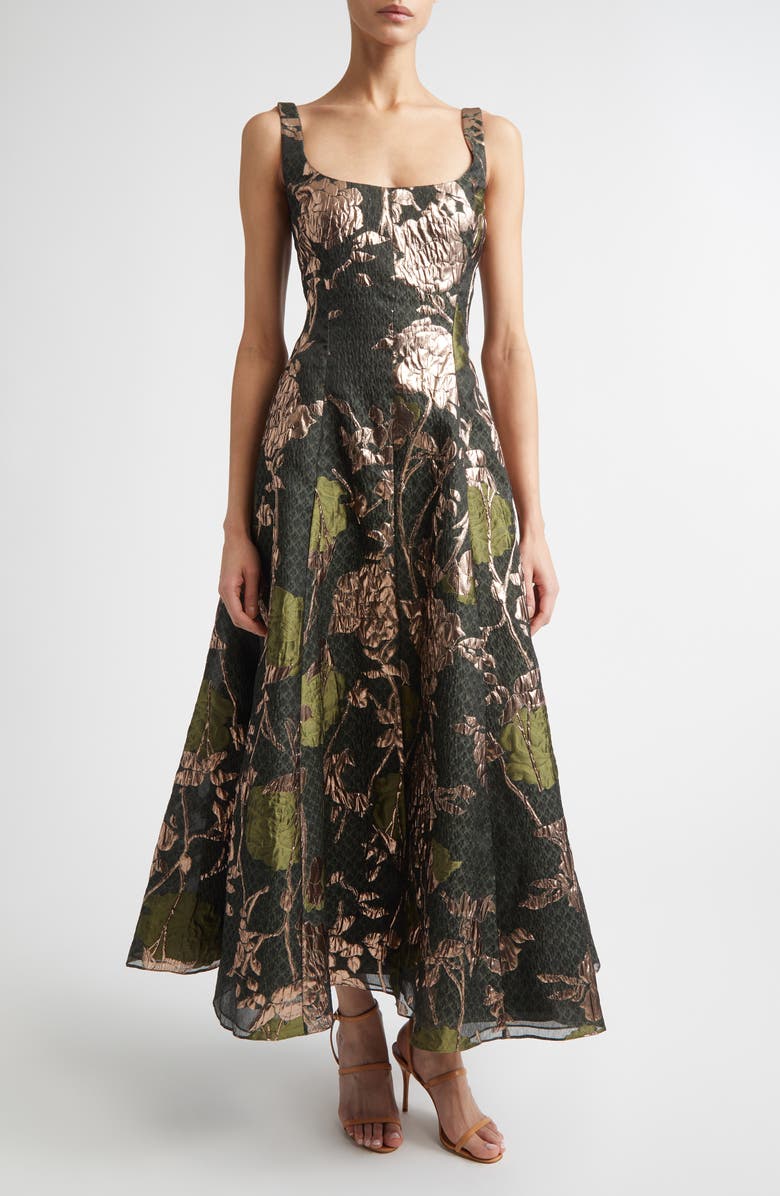 Lela Rose Olivia Floral Metallic Fil Coupé Fit & Flare Gown, Main, color, Cactus Multi