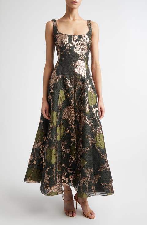 Olivia Floral Metallic Fil Coupé Fit & Flare Gown