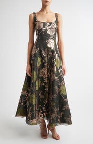 Lela Rose Olivia Floral Metallic Fil Coupé Fit & Flare Dress