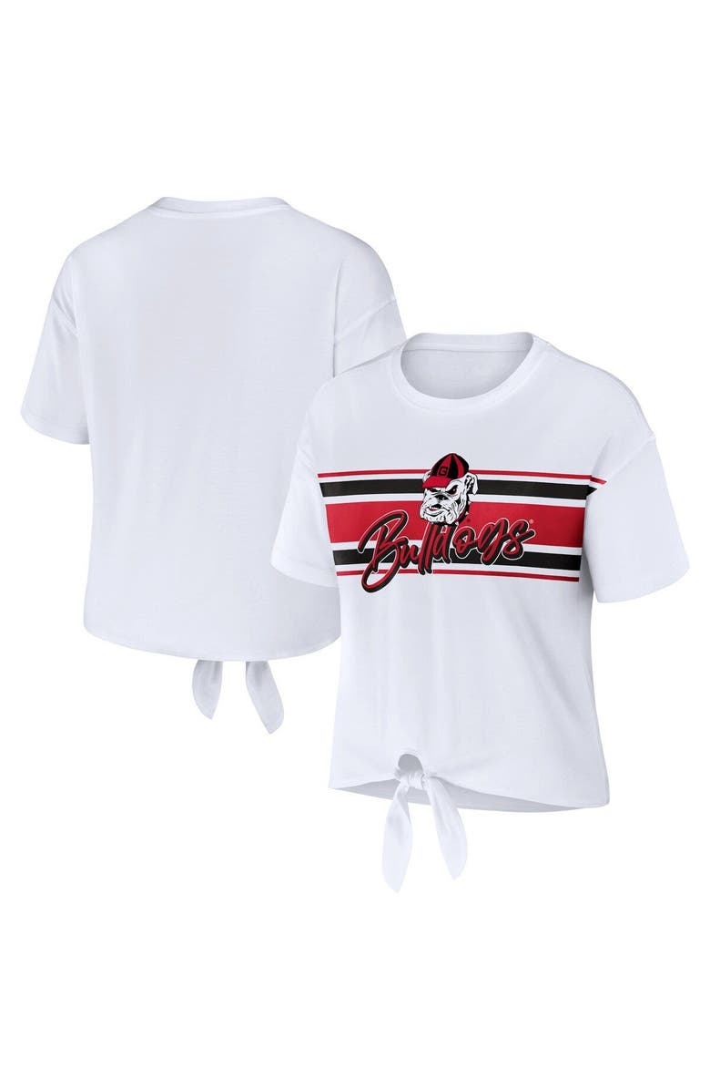 WEAR by Erin Andrews Women's WEAR by Erin Andrews White Georgia Bulldogs Striped Front Knot Cropped T-Shirt, Main, color, White