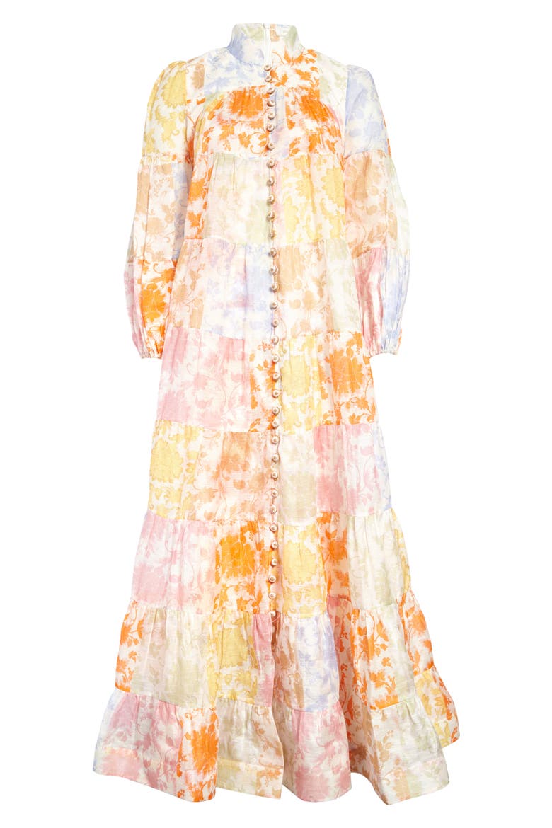 Postcard Floral Tiered Linen & Silk Dress, Main, color, PATCHWORK TONAL FLORAL