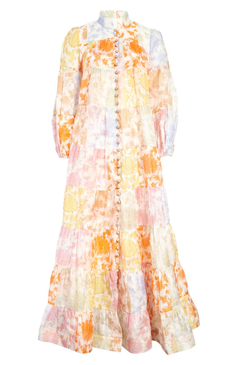 Zimmermann Postcard Floral Tiered Linen & Silk Dress, Main, color, 