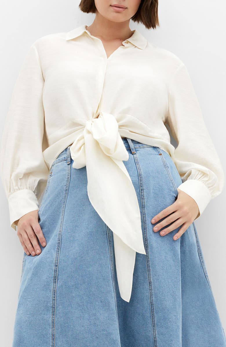 City Chic Winnie Tie Front Satin Shirt, Main, color, Cream