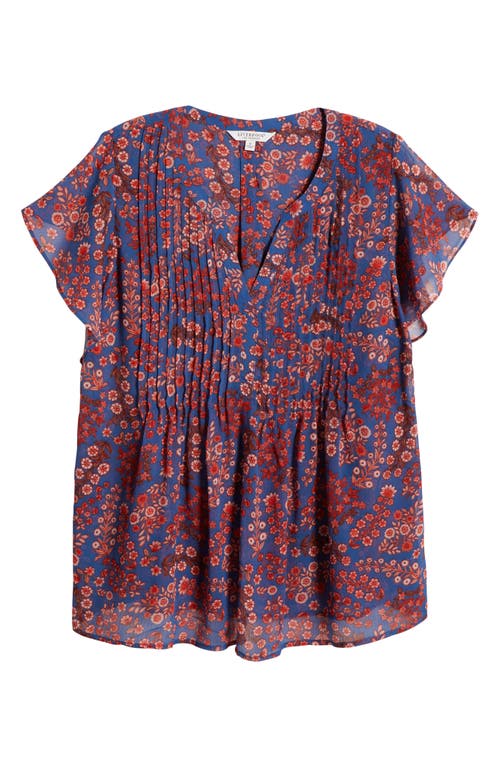 Liverpool Los Angeles Floral Print Pintuck Flutter Sleeve Top In Blue Pink Floral