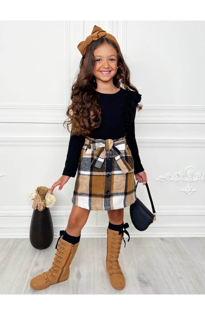 Mia Belle Girls Classic Ruffled Top and Skirt Set, Alternate, color, Brown