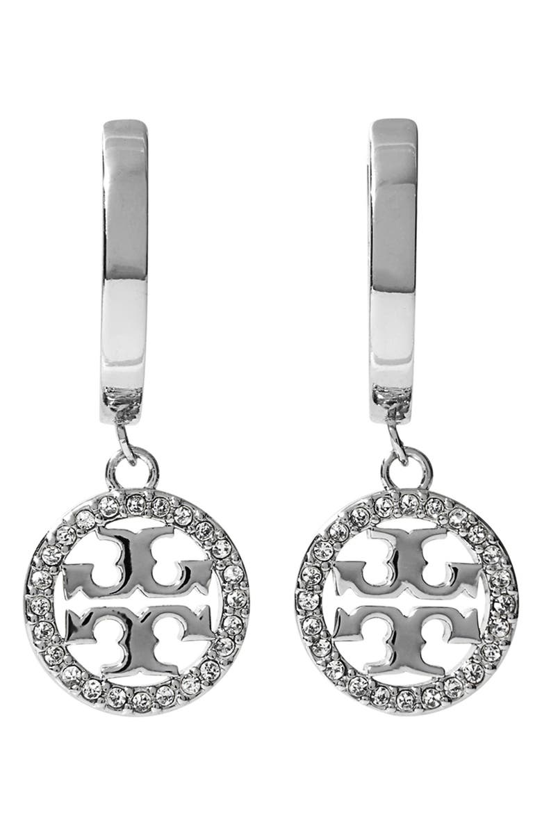 Tory Burch Icon Pavé Clip-On Hoop Earrings, Main, color, Tory Silver / Crystal