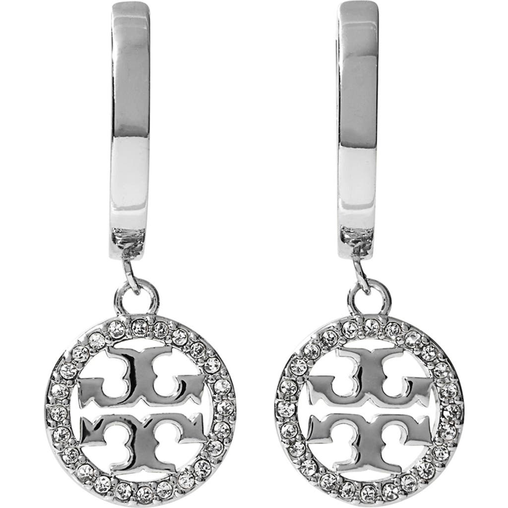 Tory Burch 'miller' Metallic Earings With Double T Logo Charm In Silver