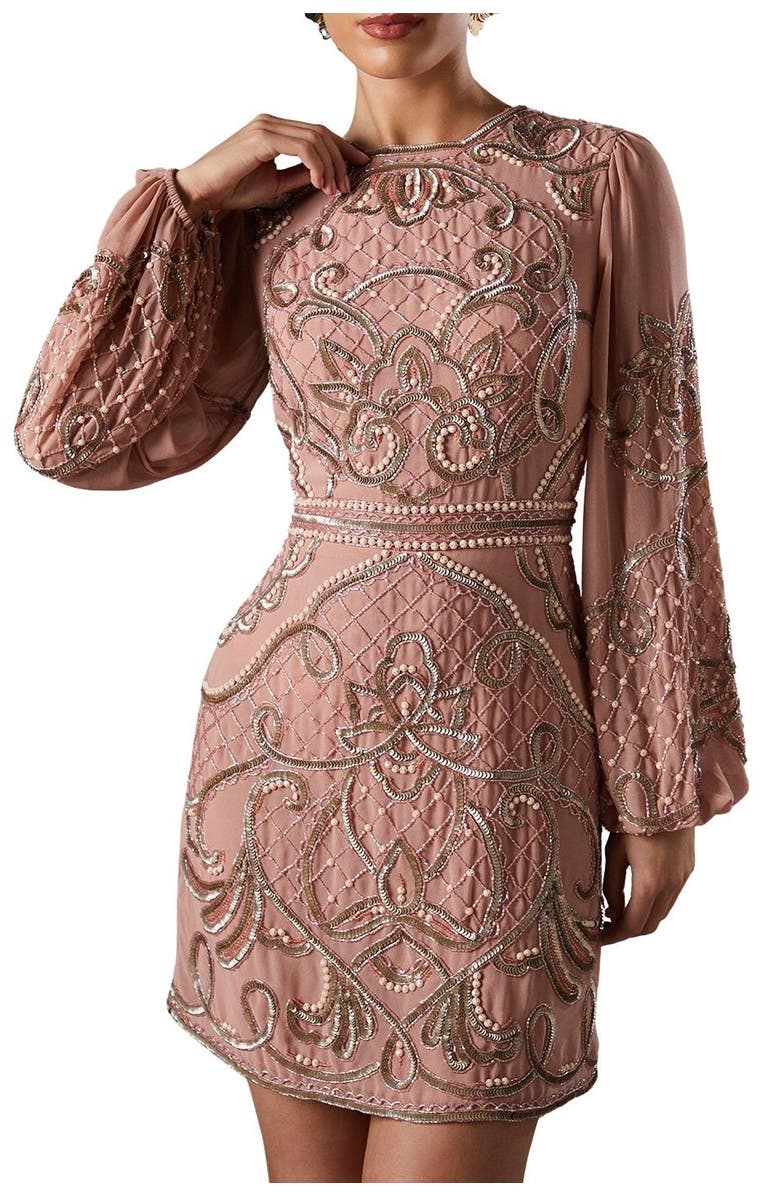 Coast Muse Chiffon Embellished Mini Dress, Alternate, color, Nude