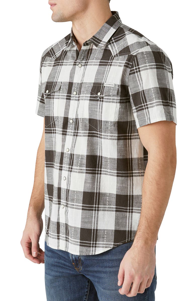 Lucky Brand Plaid Short Sleeve Stretch Cotton Snap-Up Western Shirt, Alternate, color,